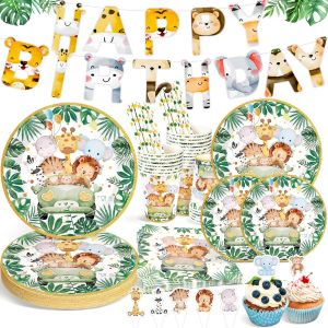 Mevronisshop-Jungle Safari Th&egrave;me Vaisselle,134 Pi&egrave;ces Vaisselles Jetables En Papier Avec Banni&egrave;re D'anniversaire D'animaux,Assiettes En Papier, Serviettes,Assiettes Jetables Pour Baby Shower Pour 25 - Neuf
