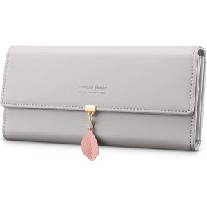 Gris - Portefeuille femme en cuir, porte-monnaie, grand porte-chéquier avec pendentif feuille zippé, porte-cartes, poche pour téléphone - Neuf