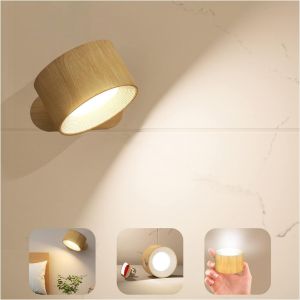 (Grain de bois), Applique murale d'intérieur, lampe murale LED tactile avec port de charge USB, contrôle tactile, 3 niveaux de luminosité, 3 températures, lampe de chambre rotative à 360°, 1 paquet - Neuf