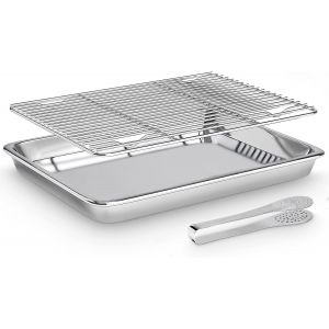 Jexnovashop-Plaque &Agrave; P&acirc;tisserie Avec Grille Plaque De Cuisson De Refroidissement En Acier Inoxydable Plat &Agrave; R&ocirc;tir Rectangulaire Avec Pince De Cuisine Pour Les Barbecues, 40x30x2.5cm - Neuf