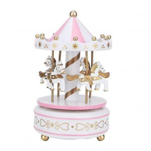 Boîte à Musique,Manège Boîte à Musique Carrousel Cadeau de Noël Mariage Cadeau d'anniversaire Décor Carrousel Rose (blanc + Rose) - Neuf
