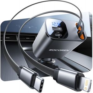 Chargeur Allume-Cigare Rétractable Pour Iph0ne, 4 En 1 Usb C Avec Câble De 0,8 M, Chargeur Rapide 69 W, Accessoires Pour Voyage, Adaptateur Allume-Cigare, Accessoires Pour Iphone Et Android - Neuf