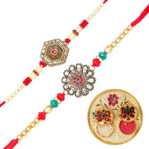 Kal-Set Of 2 Rakhi For Brother Rakhi For Bhai Bhaiya Veera Rakhi Thread Bracelet Dora For Raksha Bandhan Gift Pack With Tilak Holder Copra Kumkum Plate Platter For Puja Indian Traditional Festival Ra - Neuf
