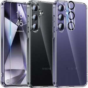 SJZG-Pour Samsung Galaxy S24 Coque,5-En-1 Kit Coque Pour Samsung Galaxy S24 Case Protection Cover,1 Coque & 2 Verre Tremp&eacute; & 2 Cam&eacute;ra Arri&egrave;re Protecteur - Transparent - Neuf
