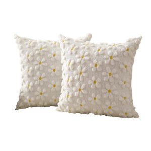 Lot De 2 Housses De Coussin &Agrave; Motifs Floraux Pour Canap&eacute;-Lit - Marguerites, 45 X 45 Cm, Polyester, Blanc, Fermeture &Eacute;clair Invisible, Lavables En Machine - Neuf