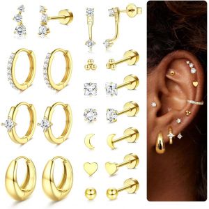 Meimie-11 Pairs Piercing Helix Boucles D'oreilles Femme Acier Inoxydable Piercing Oreille Lot Boucles D'oreilles À Dos Plat Cartilage Creoles Tragus Conch Lobe Helix Boucle Oreille Femme Or Argent - Neuf
