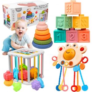 JGD-Jouet Bebe 6 Mois-3 Ans, Jouet Montessori Bebe 4 en 1, Jeux Eveil Bebe, Jouet Sensoriel Crab/Blocs de Construction/Bebe Cube d'activité/Anneaux d'empilage, Jeux Montessori Enfant 6 9 12 Mois 1 2 - Neuf