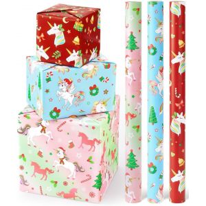 Rouleaux De Papier D'emballage De No&euml;l &iquest; 3 Rouleaux De 43,2 X 30,5 Cm Rouleaux De Papier D'emballage De No&euml;l Licorne Papier D'emballage De No&euml;l Pour Anniversaire De Filles De Vacances Licorne - Neuf