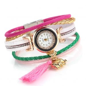 Femmes R&eacute;tro Multicouche Pu Cuir Ceinture Pompon &Eacute;l&eacute;phant Pendentif Montre &Agrave; Quartz (Blanc) - Neuf