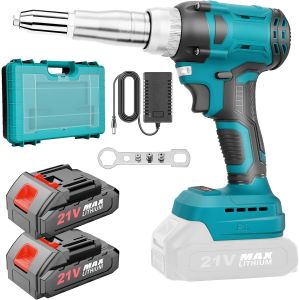 MEVRONISSHOP-Riveteuse Sans Fil Compatible avec Makita 21V Batterie, Electrique Pistolet &agrave; Riveter avec 2* Batteries, 20,000N Pince &agrave; Rivets Sans Balais avec 3 Adaptateurs et Mallette de Transport - Neuf