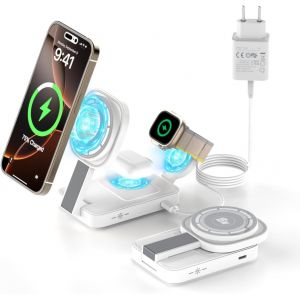 3 In 1 Wireless Charger For Mag Safe, Foldable Charging Station With Light Compatible With Iphone 16/16 Pro Max/15/14/13/12/11, Apple Watch 10/Ultra 2/9/8/7/6/Se, Air Pods Pro/4/3/2 (White) - Neuf