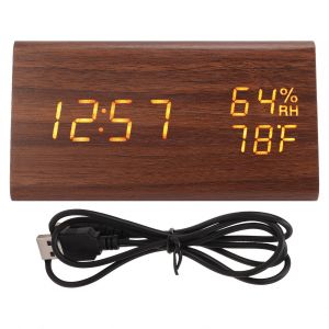 Horloge de bureau numerique triangulaire en bois, grand ecran LED, affichage de la temperature, 12/24 heures - Neuf