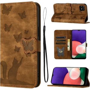 Kal-Housse Protection Pour Samsung Galaxy A22 5g / Samsung Galaxy A22s Matériau En Cuir Pu Coque Samsung A22 5g Avec Fentes Pour Cartes Étui Motif Papillon Chat Brun - Neuf