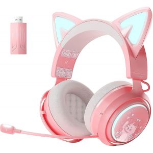 Casque de Jeu sans Fil, Casque Bluetooth pour Smartphone, Micro r¿¿tractable, Son Surround 7.1, Pilotes 50 mm, ¿¿clairage RVB, Joli Casque d'oreille de Chat pour Filles Noir - Neuf