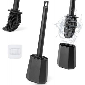Brosse WC Silicone Plate Brosse Toilettes WC en Silicone,Balai WC vec Séchage Rapide Support Ventilé Balai Toilette WC et Support Montage Mural & Debout pour Salle de Bains,Noir - Neuf