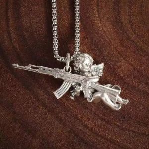 Classique Cr&eacute;atif R&eacute;tro Ange Ak-47 Symboles De Paix Et De Guerre Pendentif Collier Pour Hommes Femmes Mode Hip Hop Punk Bijoux Cadeau--Silvery - Neuf
