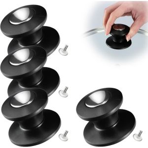 Lot De 4 Poign&eacute;es De Couvercle Ignifuge En Plastique Et Acier Inoxydable,Poign&eacute;es Universelles Pour Couvercle De Casserole,Bouton De Couvercle En Verre (Noir/Argent) - Neuf