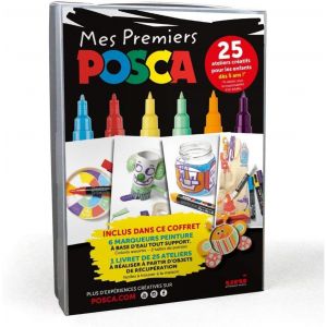 Uni Mitsubishi Pencil - Coffret Mes Premiers 6 Marqueurs Peinture, Base Eau - 4 Pcm1c Pointe Extra Fine, 2 Pc3m Pointe Fine, 1 Livret De 25 Ateliers Créatifs - Emballage Zéro Plastique - Neuf