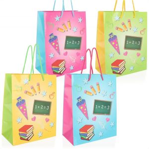 4x sac cadeau, emballage cadeau pour les débutants à l'école, cartable carré avec poignées, sac en carton pliable pour l'inscription à l'école (4 pièces - 4 couleurs) - Neuf
