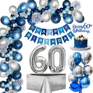 CAUC-Decoration Anniversaire 60 Ans Homme, 60e Ballon Anniversaire Bleu Argent, Joyeux Anniversaire Banni&egrave;re 60 Ans Ballon Confettis Argent Nappe pour 60 Ans Anniversaire Homme R&eacute;utilisable - Neuf