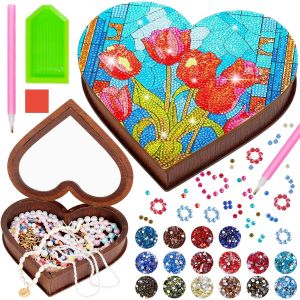 Subzonal-Bo&icirc;te Bijoux Bois Diamant, Idee Cadeau Fille 8 Ans, Bo&icirc;te Bijoux Bois Peinture Diamant Pour Colliers/Bracelets, Cadeau Adolescente Fille, Bo&icirc;te Bijoux Bois Diy Enfant En Coeur, Idee Cadeau Fi - Neuf