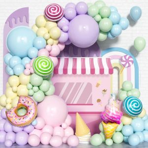 Kit Arc Guirlande Ballons Donut, 151Pcs Kit D'Arc Ballons Macaron Pastel, Ballons En Latex Bleu Rose Violet Avec Des Ballons En Feuille Crème Glacée Bonbons Pour Les Filles Anniversaire Douche Bébé - Neuf
