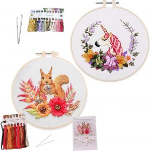 2 kits de broderie pour débutants avec motif de écureuil et instructions, comprenant 2 modèles de plantes (monstera, cactus), 2 cadres à broderie (20 cm), 4 aiguilles, fils colorés et notice détaillée - Neuf