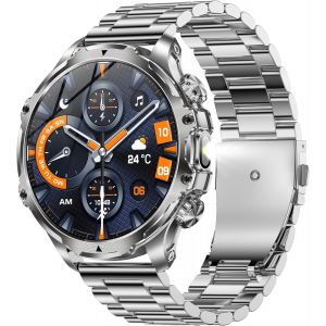 1,85U201D Amoled Montre Connect&eacute;e Homme Avec Appel Bluetooth, Torche, Batterie 800 Mah, 5Atm &Eacute;tanche Smartwatch Avec 100+ Modes Sportifs, Sommeil,Spo2, Tracker D'Activit&eacute; Pour Ios Android (Acier Ar - Neuf