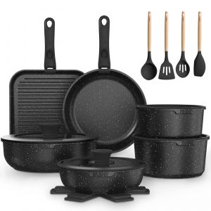 Batterie De Cuisine 21 Pi&egrave;ces Yashe, Ensemble De Casseroles Et Po&ecirc;les Antiadh&eacute;sifs, Poign&eacute;es Amovibles, Couvercles En Verre, Compatible Induction Et Four, Empilable, Grise - Neuf