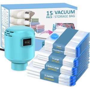 Ulteronixshop-Lot de 15 sacs sous vide pour v&ecirc;tements, couettes, avec pompe &eacute;lectrique, pour voyage, d&eacute;gonflage rapide, peu encombrant, anti-poussi&egrave;re et imperm&eacute;able, taille plus pour plus de compression - Neuf