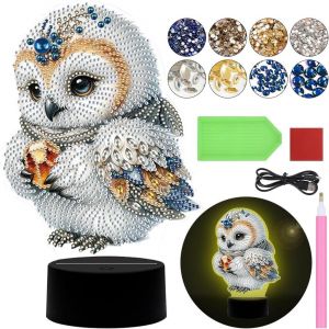 Kal-Diamond Painting Veilleuse, Décoration De Table, Motif Animal, Lampe De Chevet, Lampe De Chevet, Lampe De Table Led, Décorative, Chouette, Papillon, Kit De Peinture Diamant 5d, Pour Enfants, Cade - Neuf