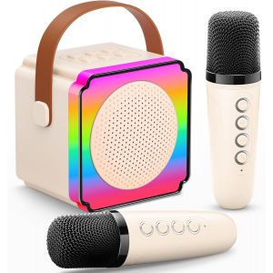 ERYI-Micro Karaoke Enfant Avec 2 Micro Sans Fil, Cadeau Anniversaire Fille Et Garçon 3-12 Ans, Micro Karaokeavec Led, Effets Vocaux Et Carte Cadeau, Jouet Enfant Pour Chanter-Beige - Neuf