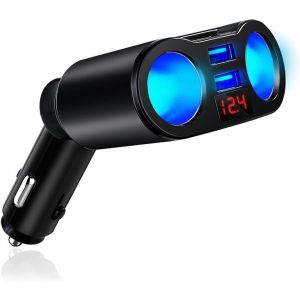 JGD-Répartiteur Chargeur Voiture avec 2 Prises Allume-Cigare, Répartiteur Allume-Cigare, Chargeur de Voiture Allume-Cigare, Charge Rapide 12V/24V, Voltmètre Intégré, Adaptateur pour Téléphone, Tablet - Neuf
