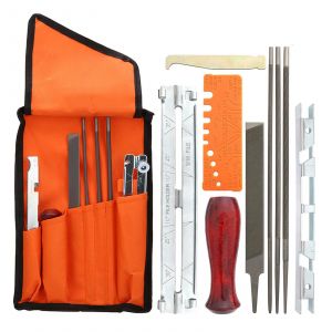 Kit de tronçonneuse 9 pièces - Fiches rondes 4,0/4,8/5,5 mm, guide d'affûtage, couteau de profondeur, fiche plate, sac de rangement léger 29x18x4 cm - 0,5 kg - Neuf