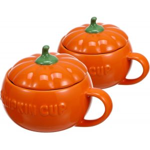 Lot De 2 Tasses En C&eacute;ramique En Forme De Citrouille Avec Couvercle Pour Lait, Jus, Caf&eacute; (Orange) - Neuf