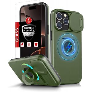 KALANKA-pour iPhone 16 Pro Max Coque Magn&eacute;tique Compatible avec MagSafe Chargement sans Fil,avec 2 Tremp&eacute; Protection,360&deg;B&eacute;quille Support & Cache Cam&eacute;ra int&eacute;gr&eacute; &Eacute;tui Antichoc Absorbant de Choc Vert - Neuf