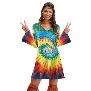 Halloween 2022 Nouvelles Robes De Beauté Européennes Et Américaines Des Années 1970 Hippie Costume Print Dress Femmes - Neuf