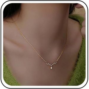 Kal-Collier Boho En Cristal Collier Ras Du Cou Vintage En Strass Collier Ras Du Cou En Bois De Cerf Étincelant Collier Pendentif En Bois De Cerf Minimaliste Mignon Collier Chaîne Bijoux(Doré) - Neuf