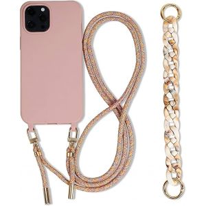 Kal-Coque Pour Iphone 14 Avec Cordon Bracelet Chaine Laniere Housse Silicone Tpu Protection Etui Avec Cordon Amovible Pour Iphone 14 6.1''mince Antichoc Réglable Lanyard Case-Rose Sable - Neuf