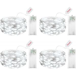 TRAHOO-Lot de 4 guirlandes lumineuses LED &agrave; piles avec minuteur - 2 m - 20 LED - Micro fil de cuivre - Guirlande lumineuse d'int&eacute;rieur - Guirlande lumineuse blanche pour mariage, chambre d'enfant - Neuf