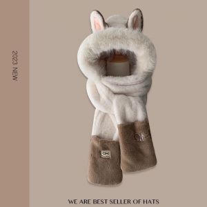 Chapeau Peluche Oreilles De Lapin Hiver Doux Pour Femme, Chapeau &Eacute;charpe Gants Combin&eacute;, Gris, Protection Contre Le Froid, Tissu Doux Et Respirant, Look Mignon Et &Eacute;l&eacute;gant,Blanc Lait - Neuf