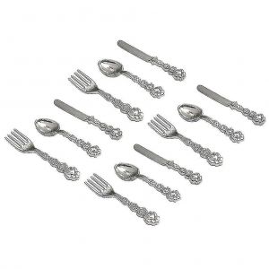 Ensemble de vaisselle miniature pour maison de poup&eacute;e : 4 fourchettes, cuill&egrave;res et couteaux en alliage pour la d&eacute;coration et les jeux de r&ocirc;le. - Neuf