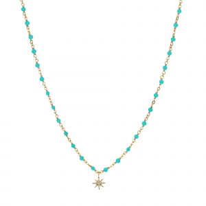 Collier Argent Dor&eacute; &Eacute;toile En Zirconium Blanc Et Perles Naturelles Turquoise - Neuf