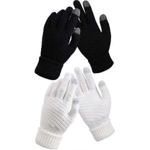 Dww-2 Paires Gants À Écran Tactile D #39;Hiver Pour Femmes Toison Chaude Doublé Gants En Tricot Manchette Élastique Gants D #39;Hiver Textingnoir + Blanc - Neuf