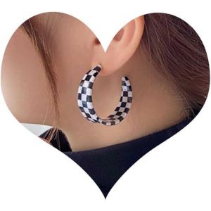 Kal-Boucles D'oreilles Vintage À Carreaux À Rayures Noires Et Blanches Boucles D'oreilles Créoles En Forme De C En Acrylique Boucles D'oreilles À Carreaux À Grille Noire Et Blanche Boucles - Neuf