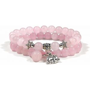 Kalsw-Naturel Cristal Rose Bracelet Éléphant Pendentif Bracelet 8mm Glace Clair Rose Élastique Bracelet Femmes Filles Bijoux (Couleur Rose Ab) - Neuf