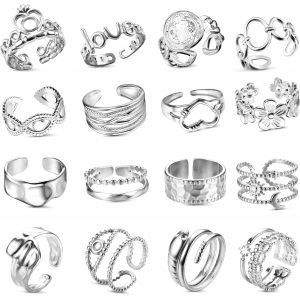 16 Pièces Bague Argent Femme Acier Inoxydable Ouvert Réglable Vague Bague Câlin Main Doigt Anneaux Pouce Empilables Noeud Plume Knuckle Bague Orteil Lot Bague Pour Femmes Filles - Neuf