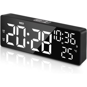 KAL-Réveil Numérique, Horloge Digitale Avec Écran Led Température, Horloge Numérique, Luminosité Réglable Sur 4 Niveaux, Snooze, Commande Vocale, 12/24H, 2 Alarmes, Port Usb-C - Neuf