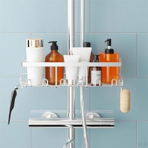 Étagère de douche sans perçage pour barre de douche - Étagère de rangement en acier inoxydable pour barre de douche d'un diamètre de 19 à 25 mm - Shampoing, porte-savon (argenté) - Neuf