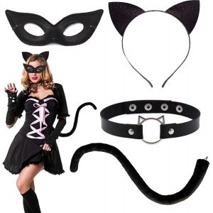Lot De 4 Costumes De Chat Pour Femme, Avec Oreilles De Chat, Serre-T&ecirc;te, Queue En Peluche, Collier Et Masque Pour Halloween, Carnaval, F&ecirc;te Costum&eacute;e - Neuf